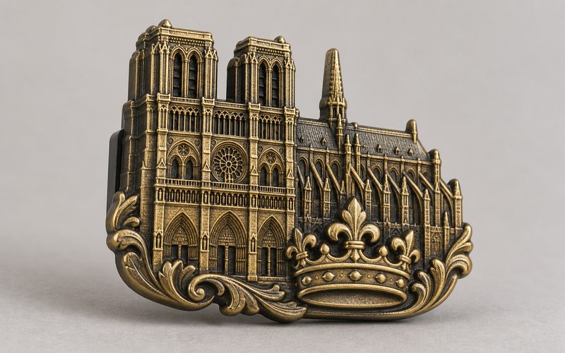 AI-generated product concept of an antique-brass Paris history refrigerator magnet.