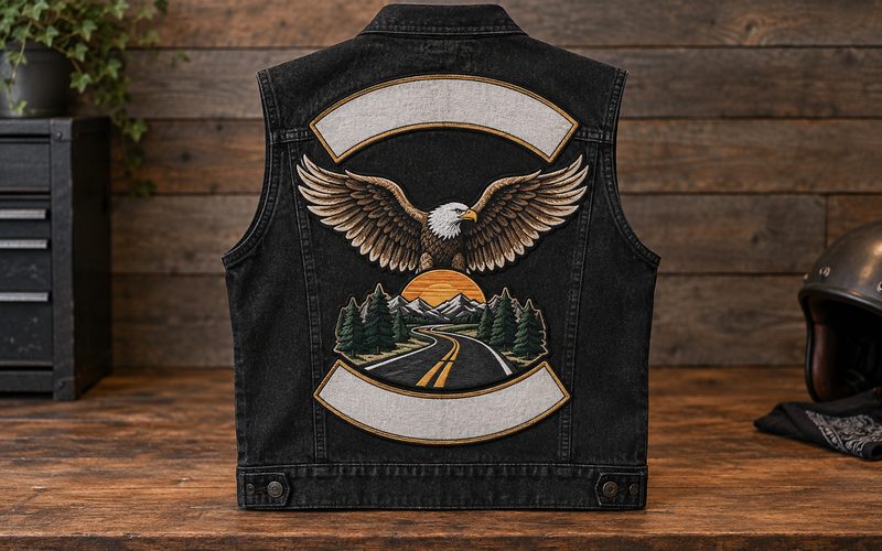 Original three-piece motorcycle patch set on a black denim vest