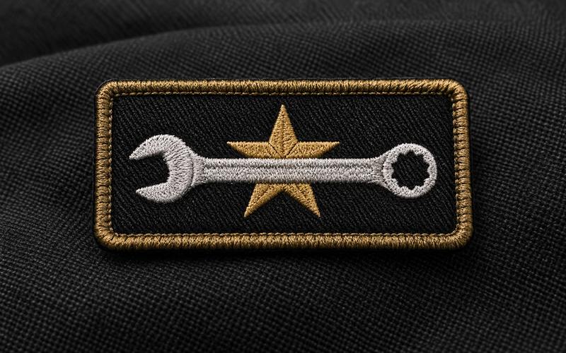 Embroidered motorcycle club officer-style patch with wrench and star