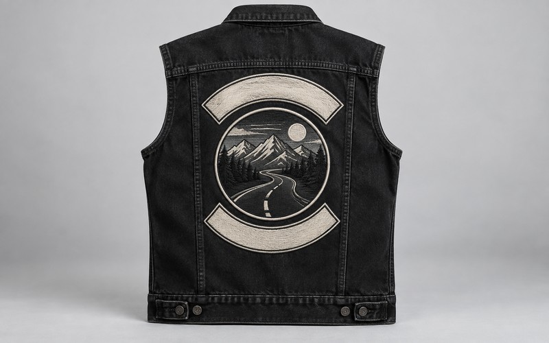 Original motorcycle club-style back patch set on a black denim vest