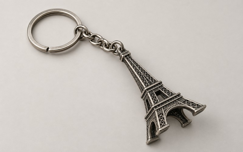 AI-generated product concept of an Eiffel Tower metal keychain.