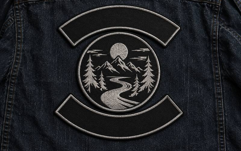 Original motorcycle-style back patch design on black denim vest