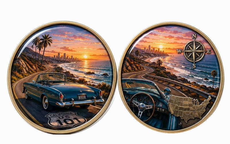 Front and back of a custom UV printed scenic challenge coin