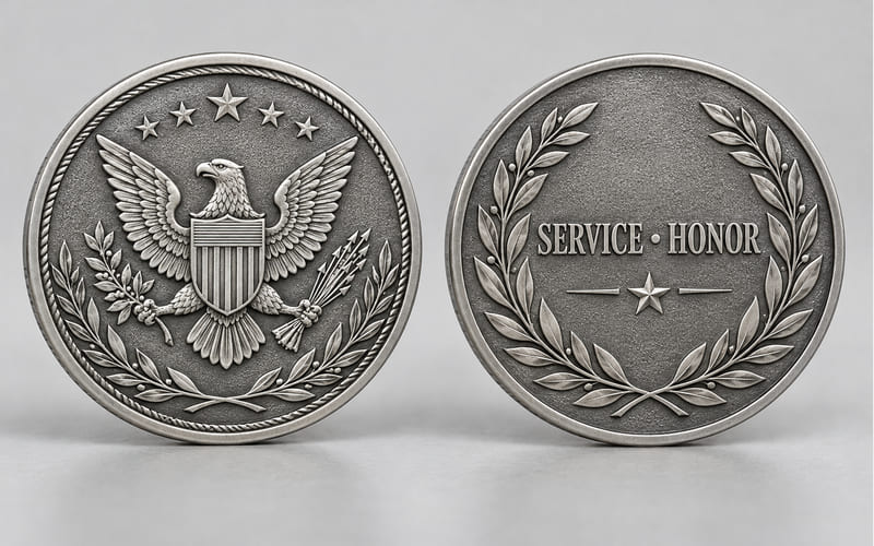 Custom die struck challenge coins with raised metal details