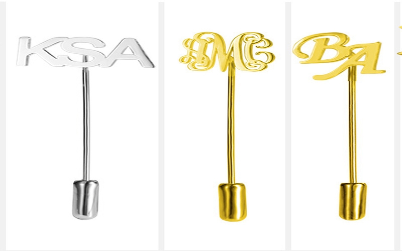 Custom initial stick pins in gold and silver finishes