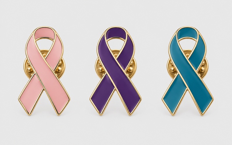 Custom ribbon lapel pins in pink, purple and teal with gold outlines