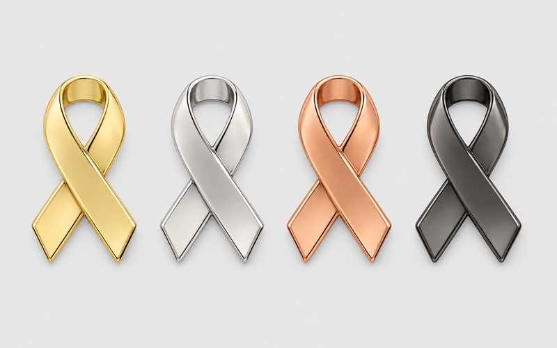 Ribbon lapel pins in gold, silver, copper and black metal finishes