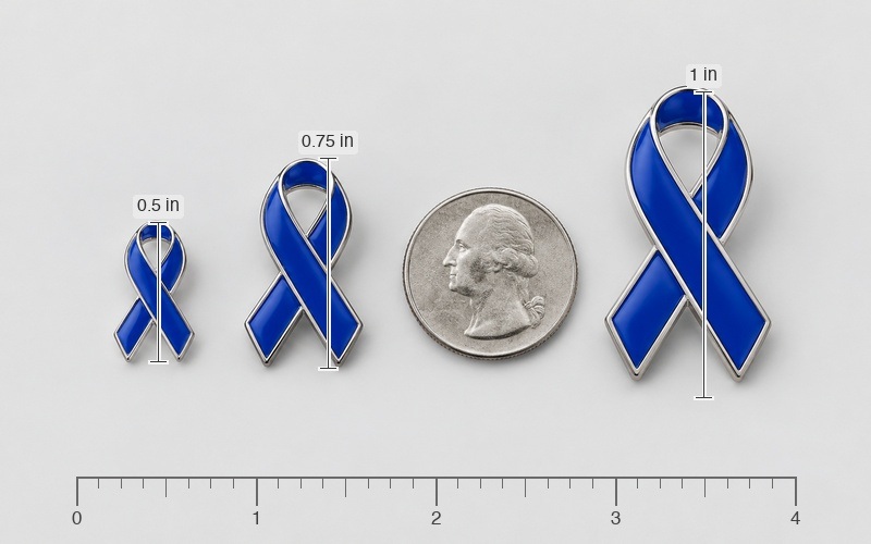 Lapel pin size comparison beside a ruler
