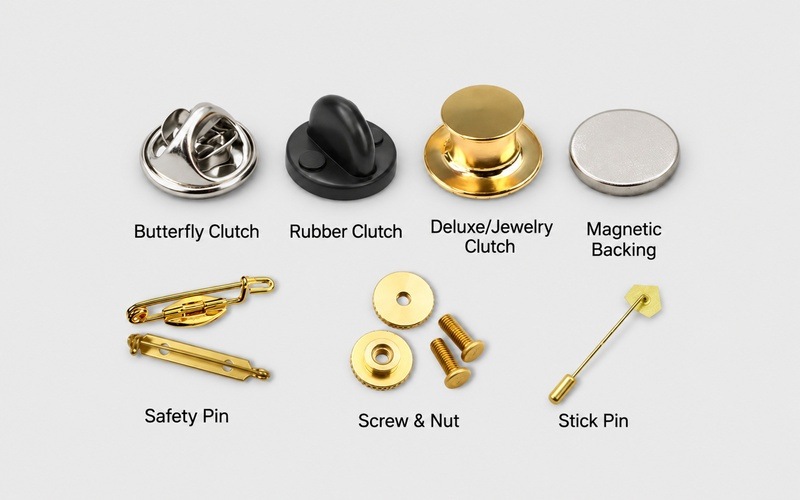 Lapel pin backing options including clutches, safety pin and magnet