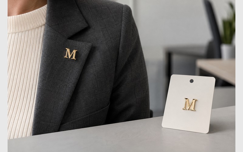 Corporate initial lapel pins with branded packaging