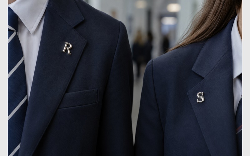 Initial lapel pins on school uniforms for schools and clubs