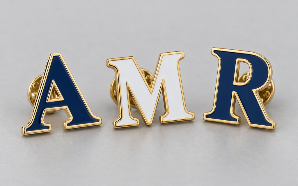 Hard enamel initial lapel pins with smooth navy and white enamel and gold outlines